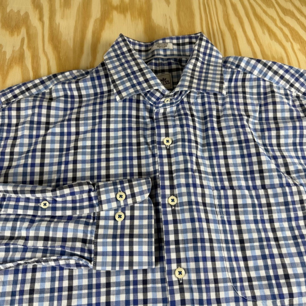 Peter Millar Mens XL Blue Gingham‎ Check Cotton Long Sleeve Button Down Shirt